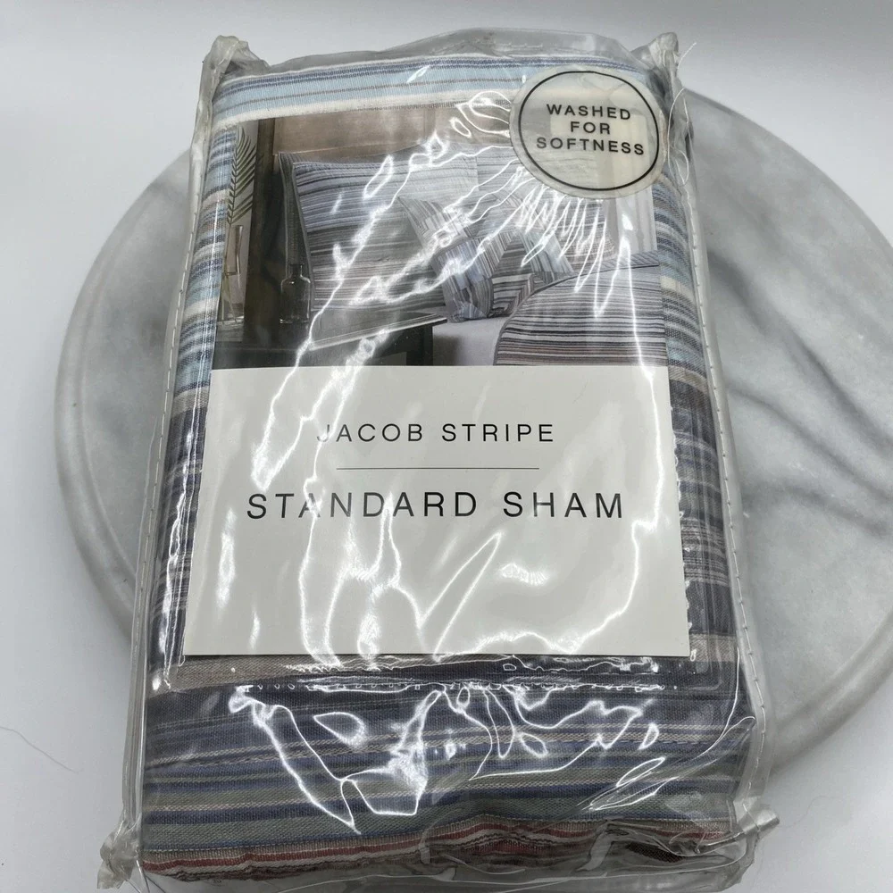 Jacob Stripe Standard Sham 20in x 26in Blue Teal Gray Brown Beige Cottage Cabin